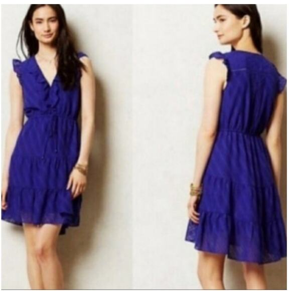 HD In Paris Womens Tiered Mini Dress Size 8 Ruffle Swiss Dot Blue Boho Anthro - Picture 1 of 10